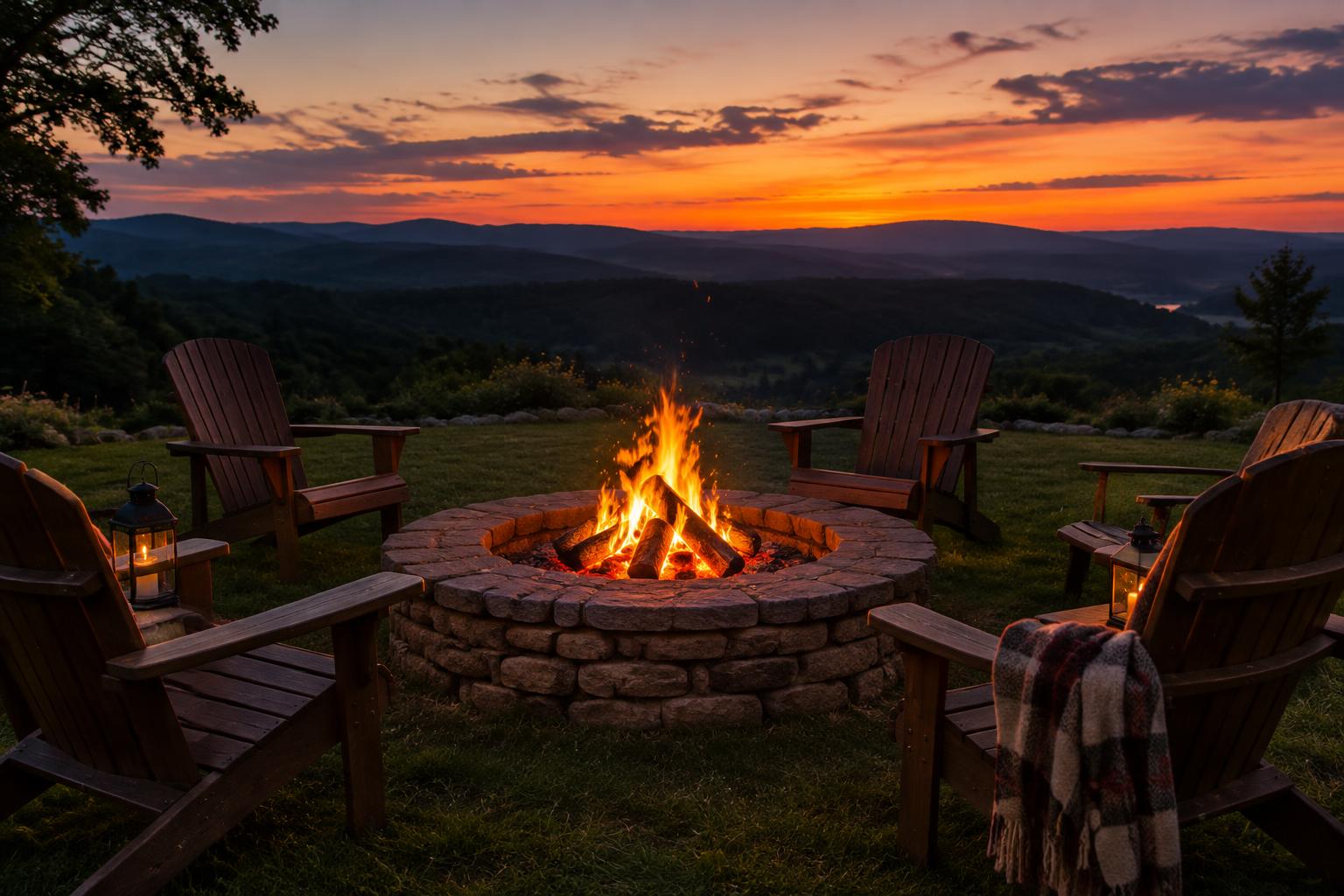 Stone fire pit burning on a hilltop lawn at dusk